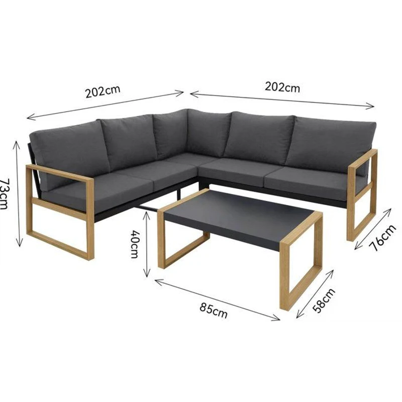 Salon de jardin d'angle - Aluminium effet bois - PUERTOCOR - 5 personnes + table basse
