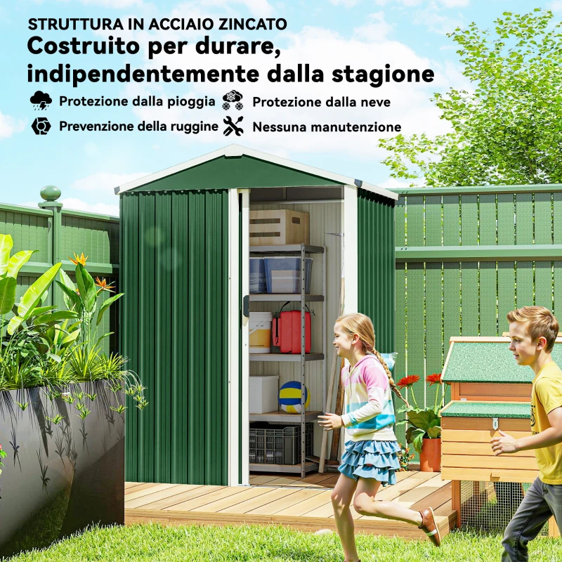 Outsunny Casetta da Giardino in Acciaio 1.1m² con Porta Scorrevole Bloccabile, 136x87x179 cm, Verde
