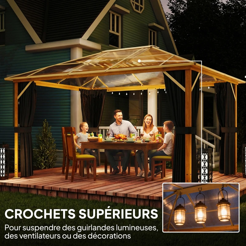 Outsunny Tonnelle de Jardin Pavillon Extérieur Aspect Bois Toit Rigide en Polycarbonate UV50+ Imperméable 398x298x262cm Naturel