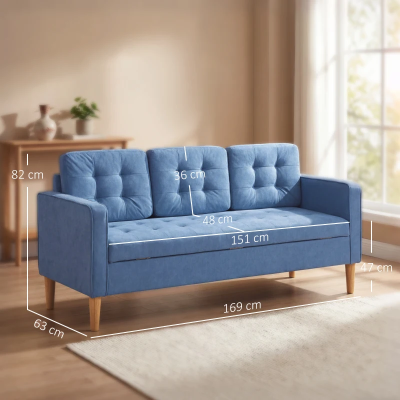 HOMCOM 3 Seater Sofa, 169cm Couch with Hidden Storage, Wood Legs, Blue