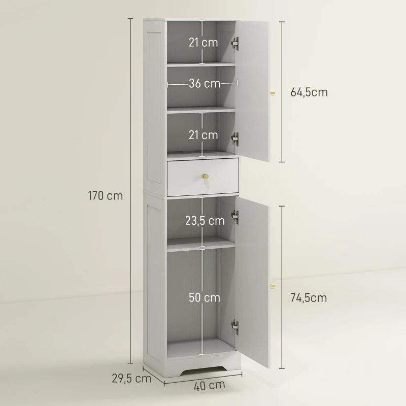 HOMCOM Armadietto Alto da Bagno Stretto con 2 Porte Arco Cassetto e Ripiani Regolabili Moderno 40x29,5x170 cm Bianco