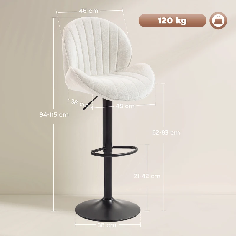 HOMCOM Bar Stools Set of 2, Swivel Barstools with Back, Adjustable Height and Footrest for Kitchen Island, Dining Room, Cream