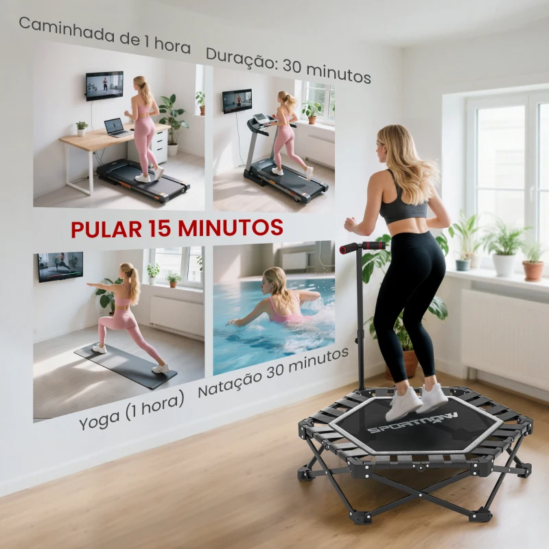SPORTNOW Trampolim de Fitness Dobrável 104 cm com Barra Ajustável em 3 Alturas e Bolsa de Transporte Preto