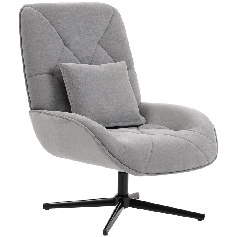 HOMCOM Accent Chair, Chenille Upholstered Swivel Armchair with Lumbar Pillow, High Back, Deep Seat and Metal Legs, Light Grey