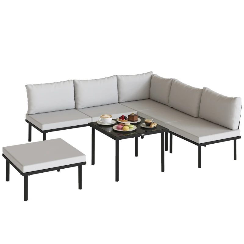 Outsunny Conjunto de Jardim Exterior de 6 Peças com Sofá de 2 Lugares, Módulo de Canto, 2 Assentos, Apoio para Pés e Mesa de Vidro, Cinzento Claro