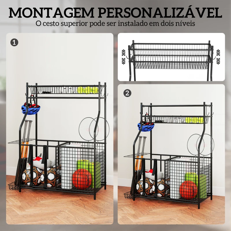 SPORTNOW Organizador de Equipamentos Desportivos com Cesta Ganchos Removíveis e Faixas Elásticas Suporte para Bolas 92x42x109 cm Preto