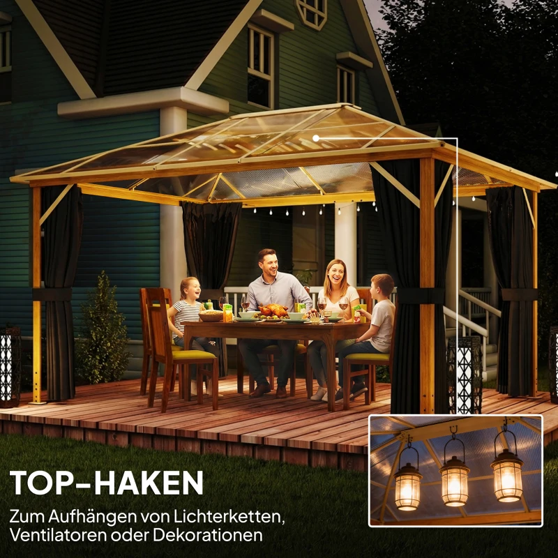 Outsunny Gartenpavillon ca. 4x3m Aluminium Pavillon mit Polycarbonat-Dach 6 mm Moskitonetz 4 Seitenteile Holzoptik Naturholz