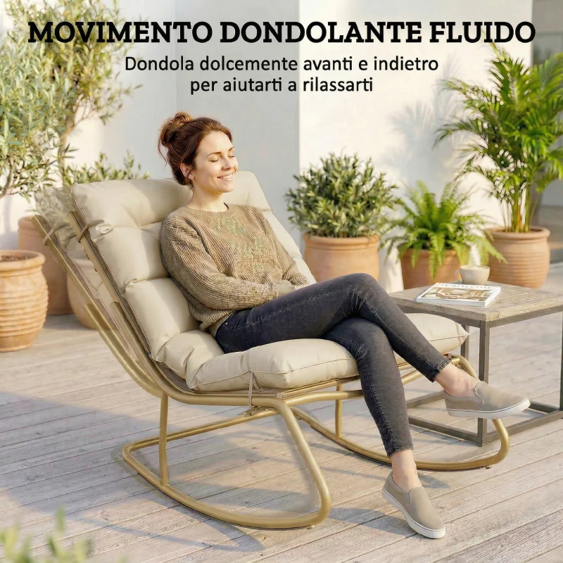 Outsunny Sedia Dondolo Esterno, Seduta 63 cm, Cuscino incluso, Colore Khaki.