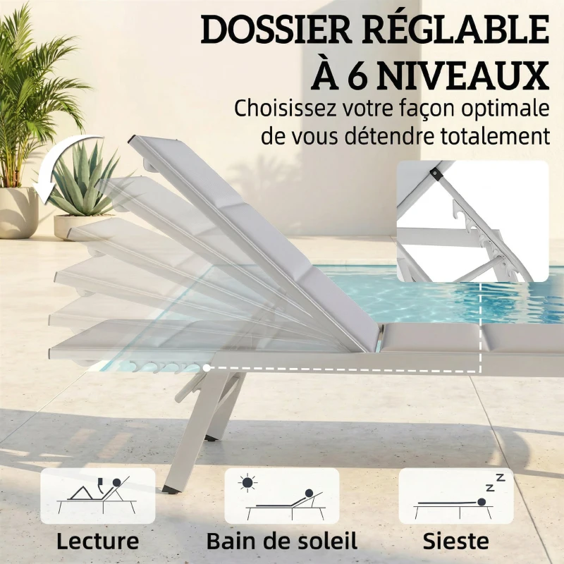 Outsunny Bain de Soleil en Aluminium Léger, Dossier Réglable 6 Positions, Rembourrage Intégré, 64x181x90cm, Gris Clair