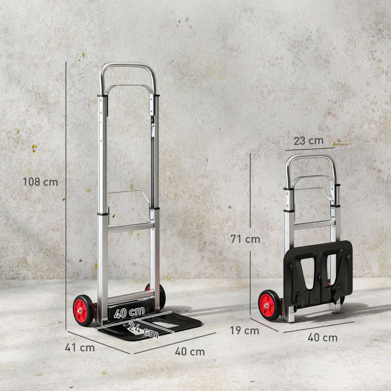 HOMCOM Carro de Transporte Dobrável de Alumínio com Cabo Telescópico Ajustável Carga 90 kg 40x41x108 cm Prateado e Preto