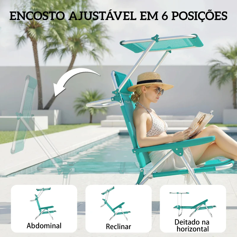 Outsunny Conjunto de 2 Cadeiras de Praia Dobráveis com Toldo Ajustável Encosto Reclinável em 6 Posições Apoio de Cabeça Turquesa