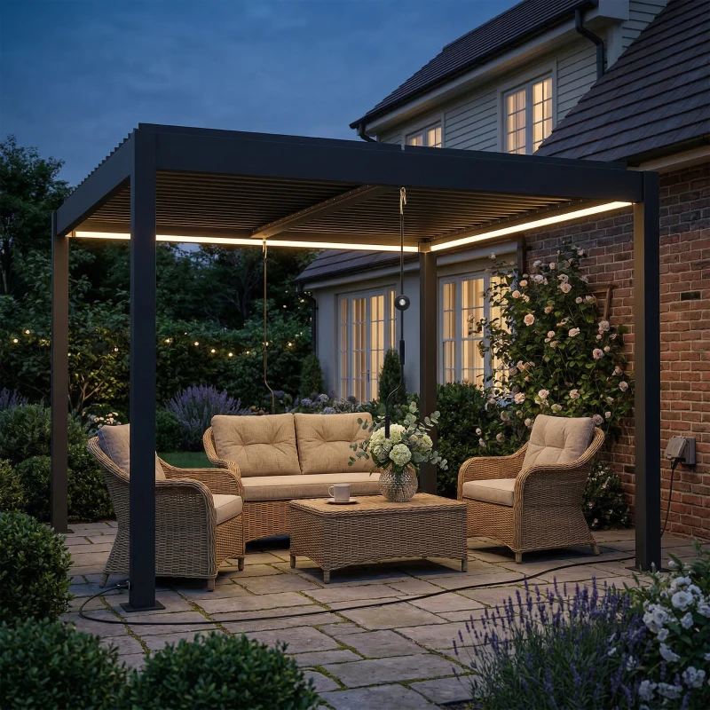 Outsunny Pergolă 3x3 m acoperiș terasă din aluminiu cu iluminare LED, telecomandă, acoperiș cu lamele reglabil