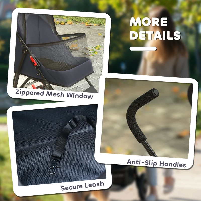 PawHut Dog Stroller, Foldable Cat Dog Pram for Miniature Breeds, Pet Stroller with Brake, Mesh Windows, Dark Grey