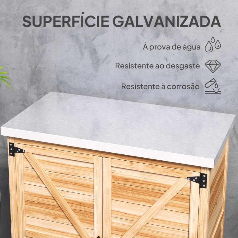 Outsunny Armário de Exterior em Madeira com Tampo de Aço Galvanizado Prateleira 2 Portas  para Armazenamento de Ferramentas 79x43x92 cm Madeira