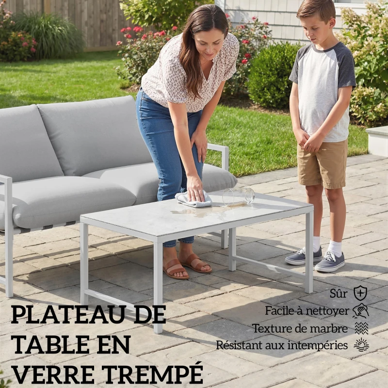 Outsunny Salon de Jardin Extérieur 2 Pièces, Canapé avec Coussins, Table Basse en Verre Trempé Marbré 3D, 125x80x64cm, Gris Clair
