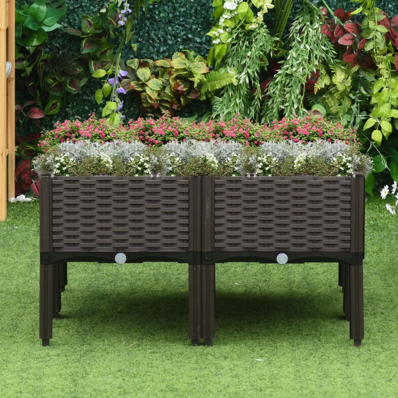 Outsunny Jardinière sur Pieds carré Potager dim. 80L x 80l x 44H cm Inserts d'irrigation Inclus PP Imitation rotin tressé Chocolat