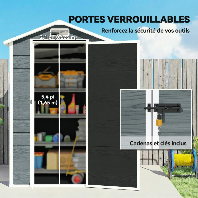 Outsunny Abri de jardin en plastique avec plancher porte verrouillable fenêtre et ventilation  128 x 104 x196 cm gris