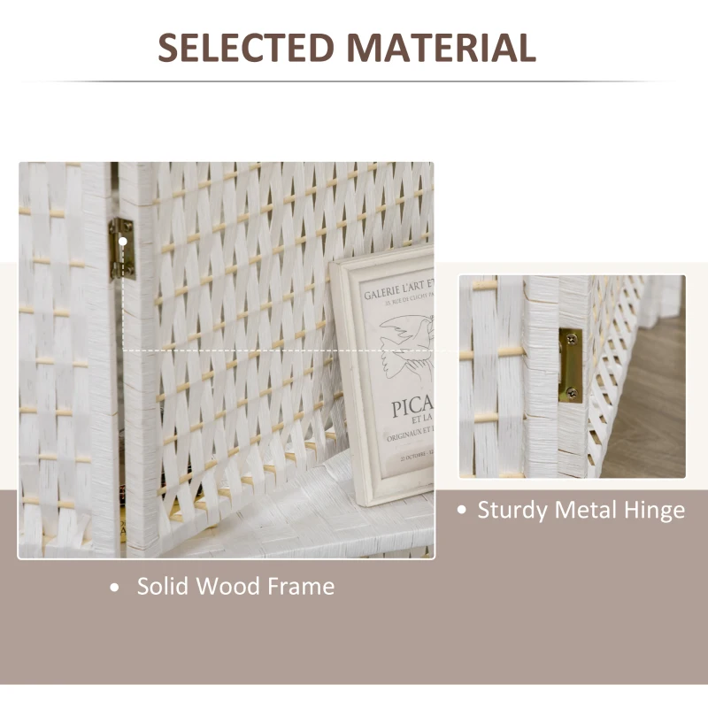 HOMCOM Parawan 4-częściowy 181 x 180 cm, Składany, z 2 półkami wykonany z drewna sosnowego i bambusa, do sypialni, biały