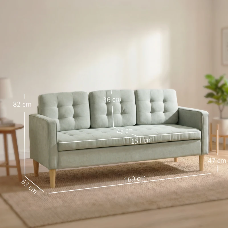 HOMCOM 3 Seater Sofa, 169cm Couch with Hidden Storage, Wood Legs, Light Grey