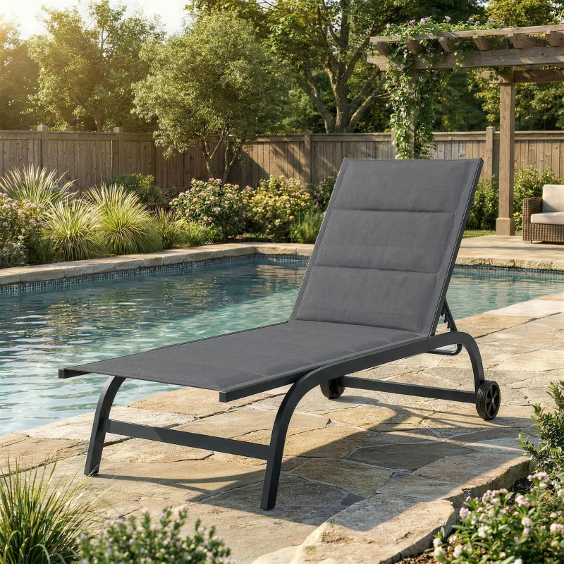 Outsunny Bain de Soleil en Aluminium, Dossier Réglable 6 Positions avec Roues, Rembourrage Intégré, 62x165x94cm, Gris Foncé