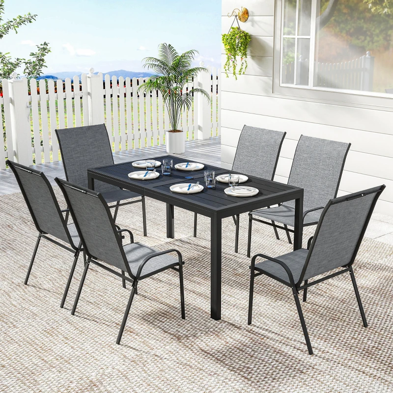 Outsunny Conjunto de Mesa e Cadeiras Jardim de 7 Peças com Mesa Metálica Efeito Madeira e 6 Cadeiras Empilháveis Cinza Misto