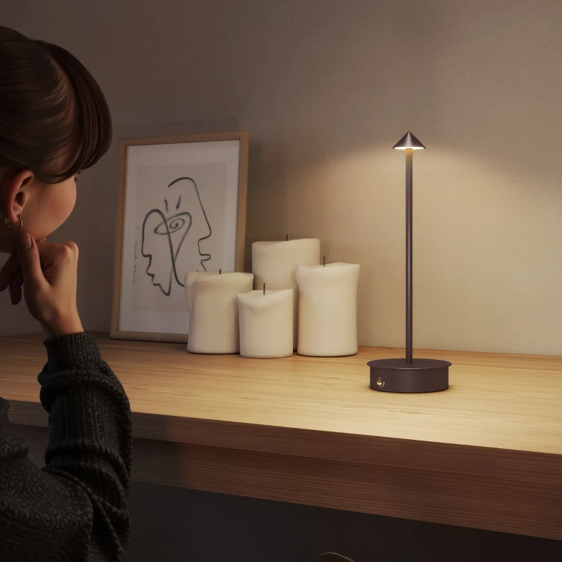 HOMCOM Lampă de Masă Touch Reîncărcabilă cu USB, Reglabilă 3000K/4500K/6000K, Autonomie 4-8 Ore, Cafeniu