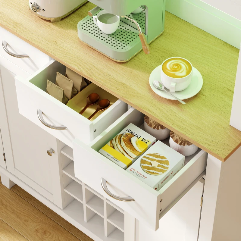 HOMCOM Dulap de bucătărie cu iluminare LED control prin APP blat pentru microunde suport pentru sticle uși din sticlă Alb