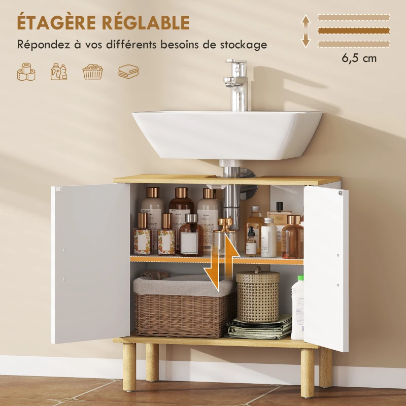 HOMCOM Meuble sous lavabo, meuble de salle de bain avec 2 portes et étagère réglable, 60 x 30 x 61 cm, blanc