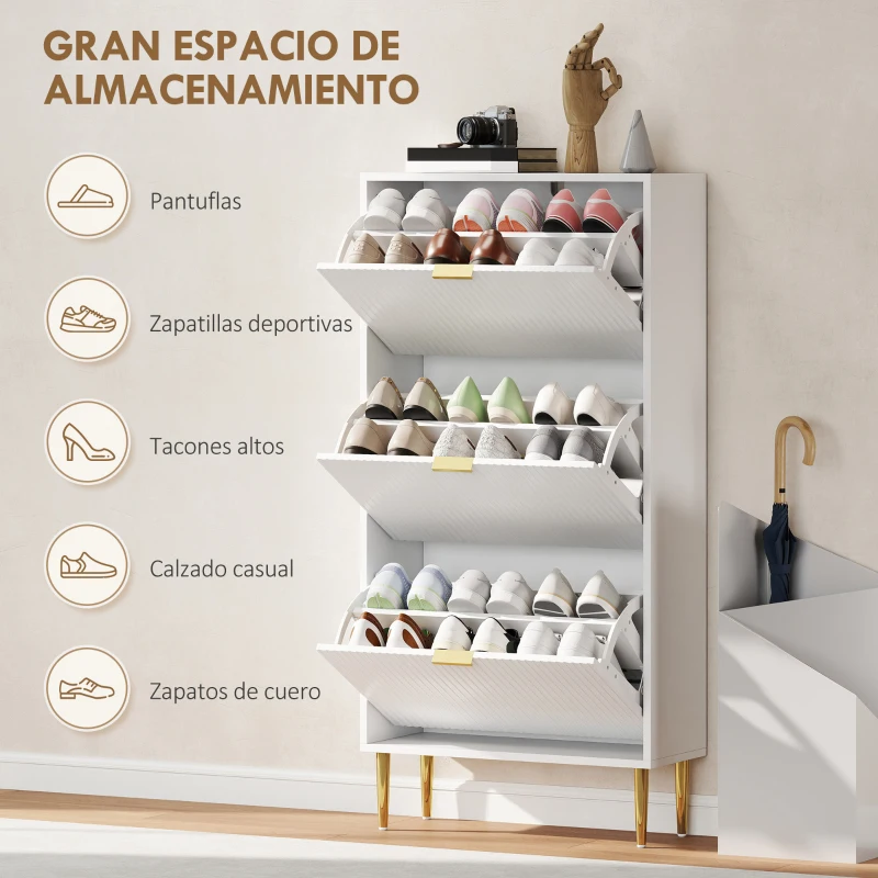 HOMCOM Zapatero Estrecho con 3 Puertas Acanaladas con Estantes Ajustables para 18 Pares de Zapatos 60x24x122,5 cm Blanco