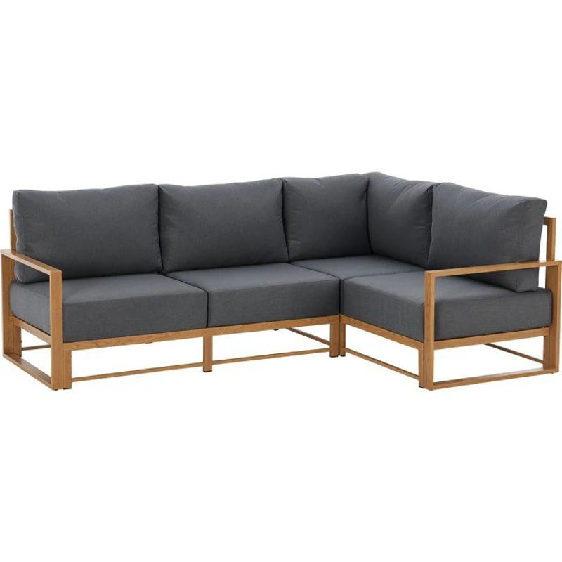 Salon de jardin canapé d'angle SANTA - Aluminium effet bois - 5 personnes - Gris clair