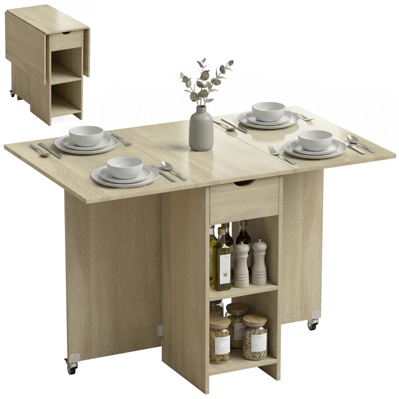 HOMCOM Opvouwbare eettafel voor 2-4 personen, verrijdbare tafel met open vak en lade, ideaal voor kleine ruimtes, natuur