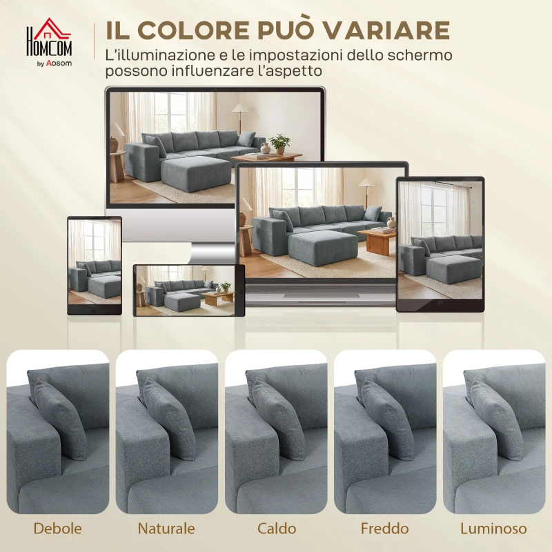 HOMCOM Divano Modulabile ad Angolo in Tessuto Effetto Velluto e Schiuma con Cuscini, 294x165x70 cm, Grigio Scuro