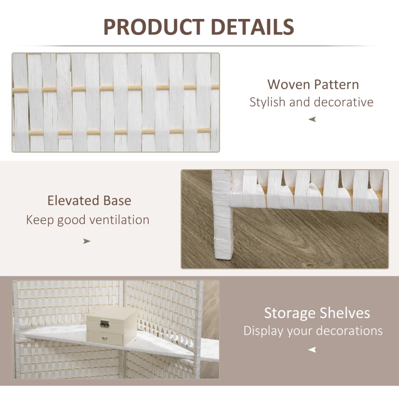 HOMCOM Parawan 4-częściowy 181 x 180 cm, Składany, z 2 półkami wykonany z drewna sosnowego i bambusa, do sypialni, biały