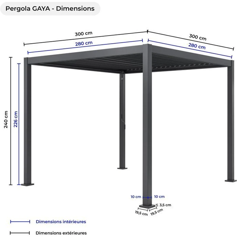 Pergola bioclimatique GAYA - Structure en aluminium et en acier - 290x290xH240 cm - Gris