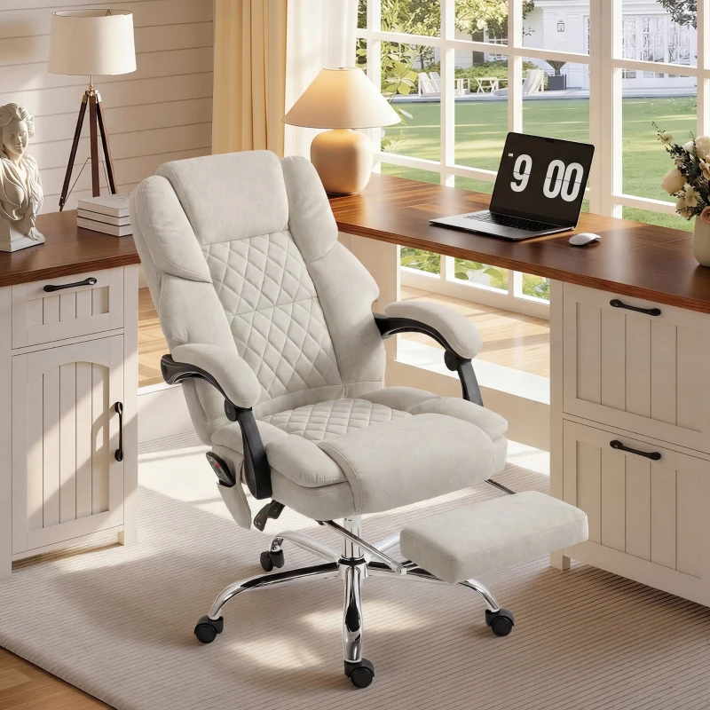 HOMCOM Office Chair with 6-point Vibration Massage and Heat, Fabric Desk Chair with Footrest, High Back, Cream White