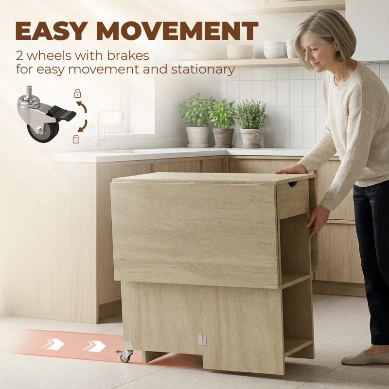 HOMCOM Opvouwbare eettafel voor 2-4 personen, verrijdbare tafel met open vak en lade, ideaal voor kleine ruimtes, natuur