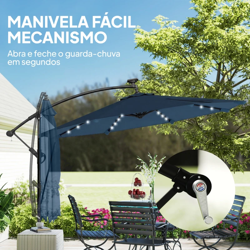 Outsunny Chapéu de Sol Excêntrico com Luzes LED Solares Ø345 cm Base Cruzada Manivela Capa Protetora Azul