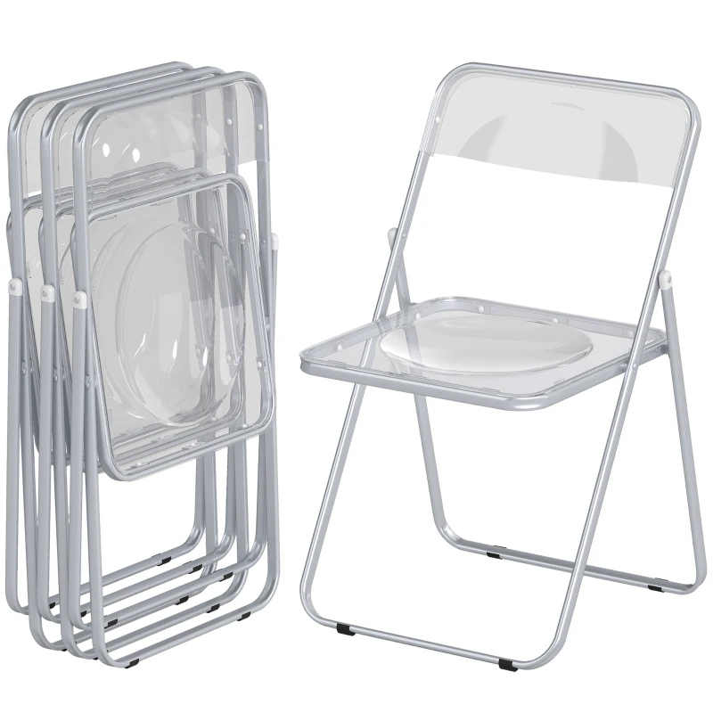 HOMCOM Foldable Chairs, Folding Chairs with Transparent Seat and Backrest, Heavy Duty Steel Frame, 47W x 48D x 75H cm, Clear