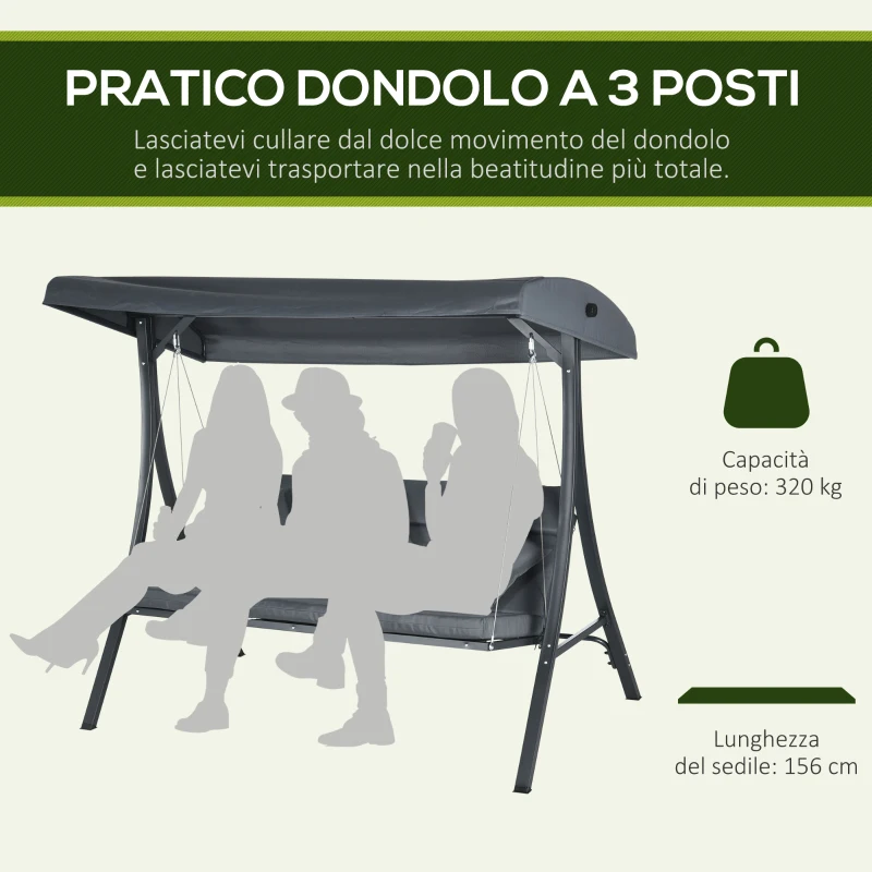 Outsunny Dondolo da Giardino 3 Posti con Tettuccio Regolabile, in Acciaio e Poliestere, 202x115x168 cm, Grigio Scuro