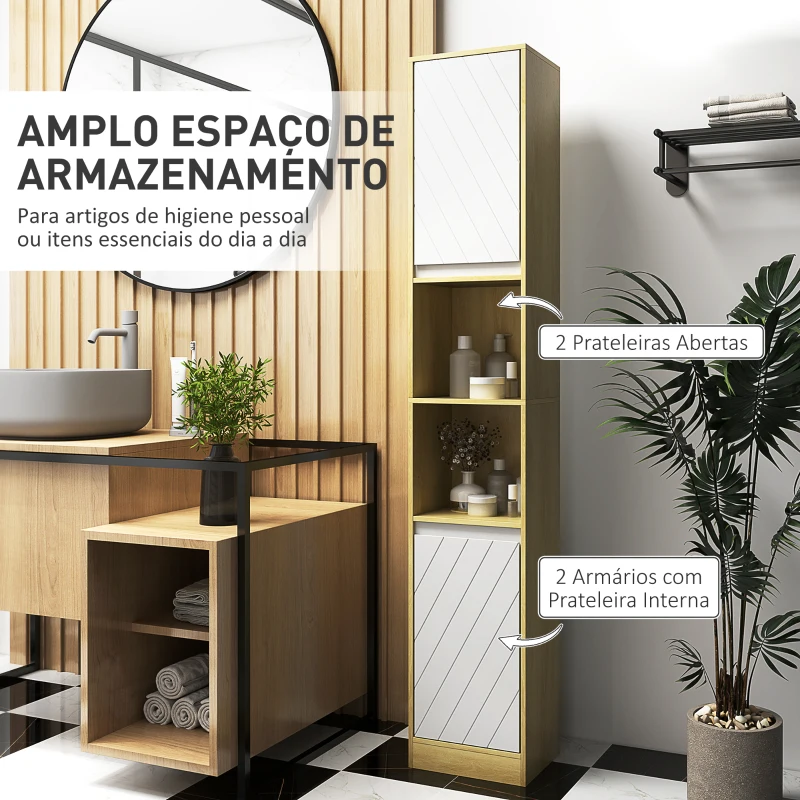 HOMCOM Coluna Casa de Banho com 2 Prateleiras Abertas Armário Alto para Casa de Banho 30x24x170 cm Madeira e Branco