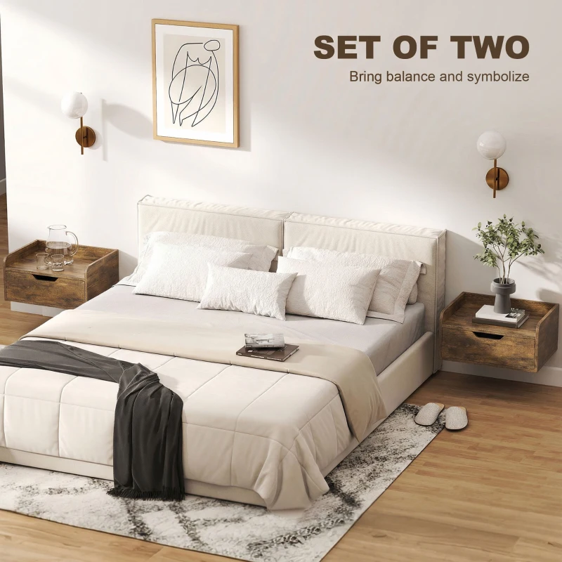 HOMCOM Floating Nightstands Set of 2, Wall Mounted Bedside Table with Drawer for Bedroom, Rustic Brown