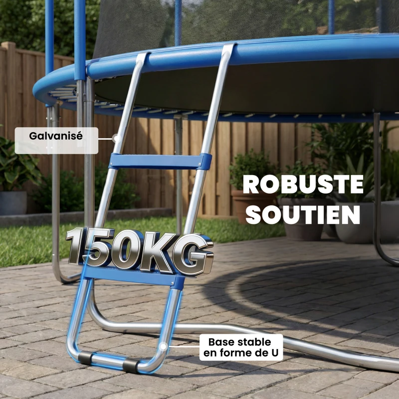 SPORTNOW Échelle de Trampoline 2 Marches Larges avec Crochet Universel, Cadre en Acier Galvanisé, Charge 150 kg, 97x32x7 cm, Bleu
