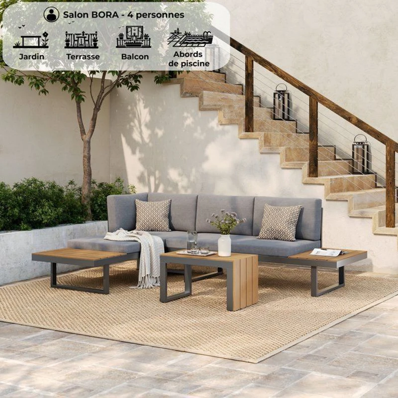 Salon de jardin BORA en aluminium 4 personnes - Modulable en canapé ou en transats