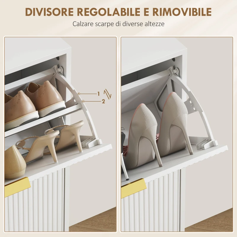 HOMCOM Scarpiera Slim per 12 Paia di Scarpe con 2 Cassetti a Ribalta e Ripiani Regolabili, 60x24x91.5 cm, Bianco
