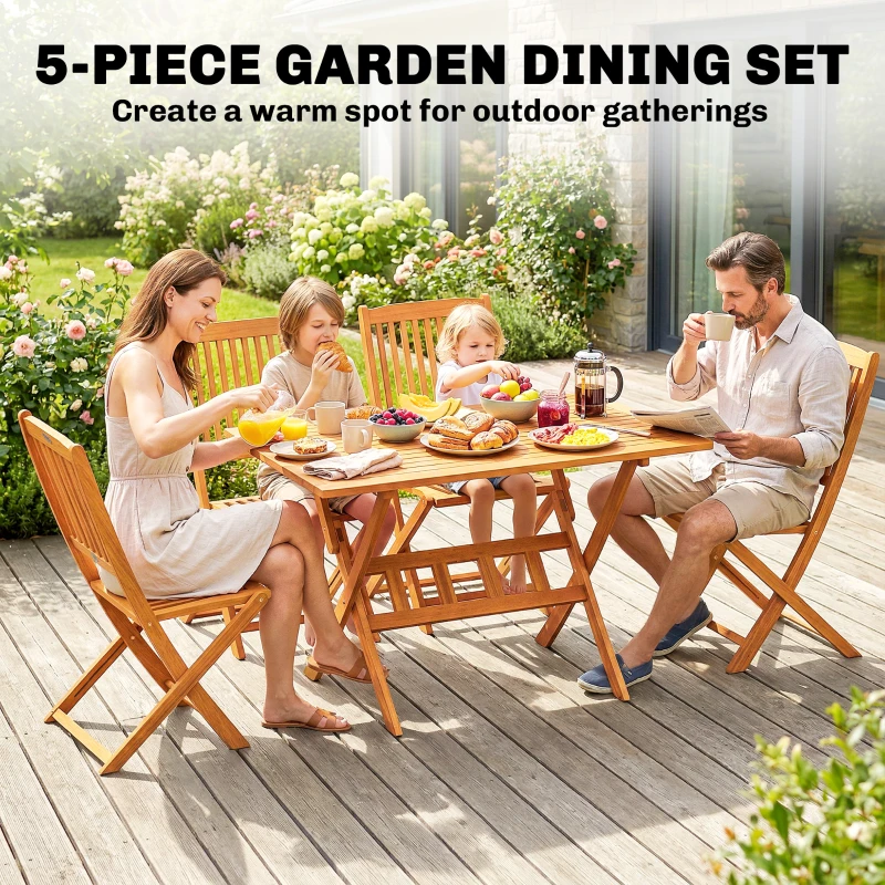 Outsunny Gartenmöbel Set FSC Holz Sitzgruppe 5-teilig Klappbar Tisch mit 4 Klappstühlen Lamellendesign