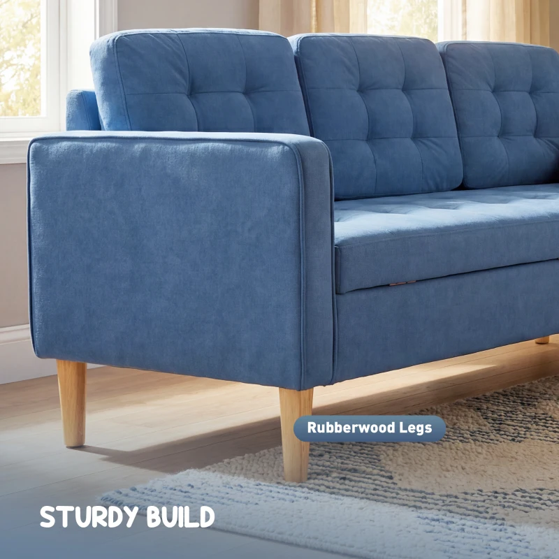 HOMCOM 3 Seater Sofa, 169cm Couch with Hidden Storage, Wood Legs, Blue