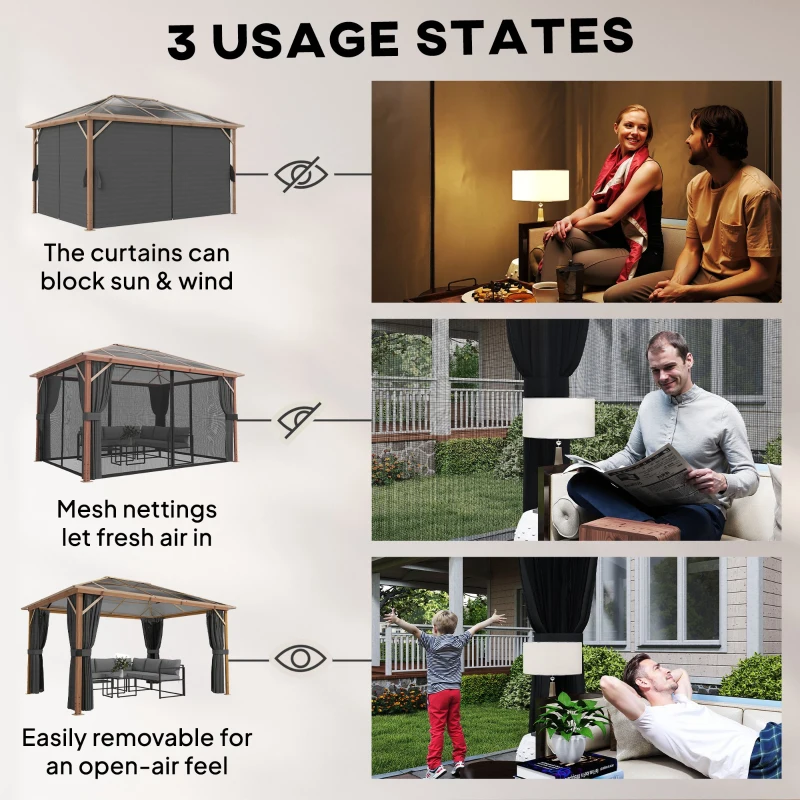 Outsunny Pawilon ogrodowy 4x3m aluminiowy z dachem z poliwęglanu 6 mm, moskitiera, 4 zasłony, imitacja drewna, naturalne drewno