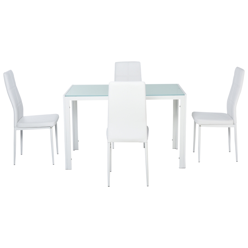 Homcom Set Dining Alb Modern – Masa + 4 Scaune Tapitate pentru 4 Persoane