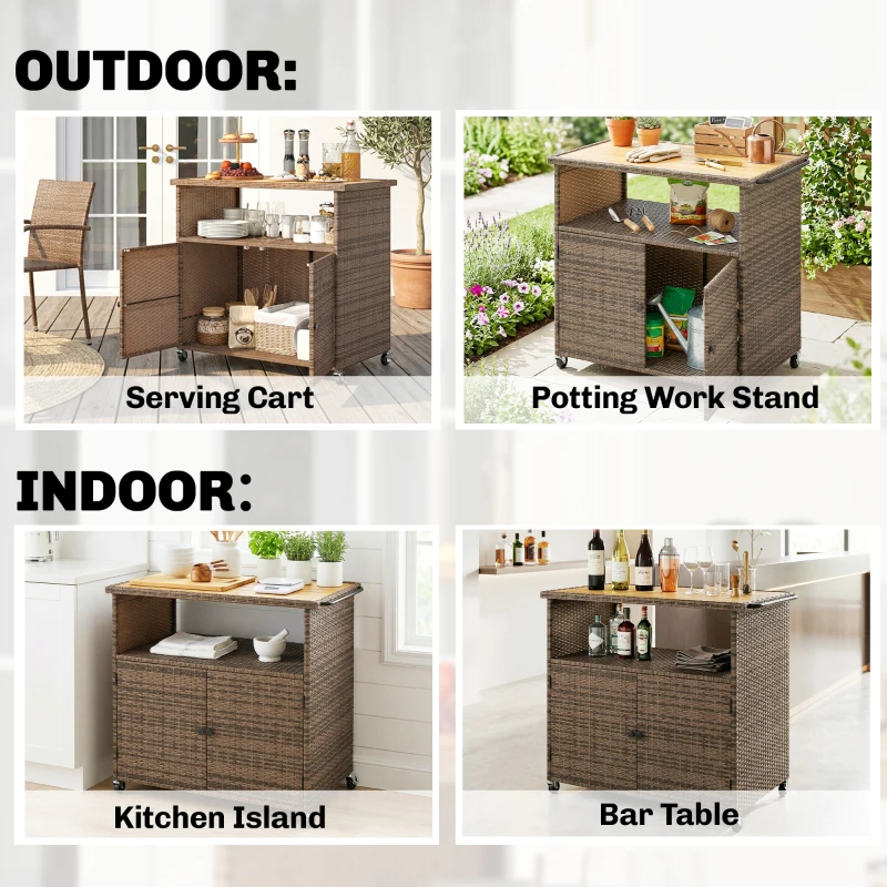 Outsunny Chariot de service en rotin avec surface de travail en bois d'eucalyptus certifié FSC, étagère, roulettes, poignée latérale 95 x 54 x 84 cm