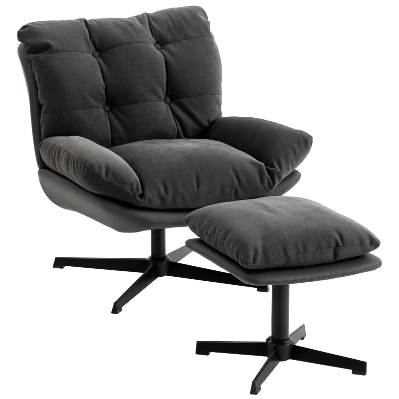 HOMCOM Accent Chair with Footstool, Swivel Lounge Chair with Chenille Upholstery, Metal Base, Dark Grey